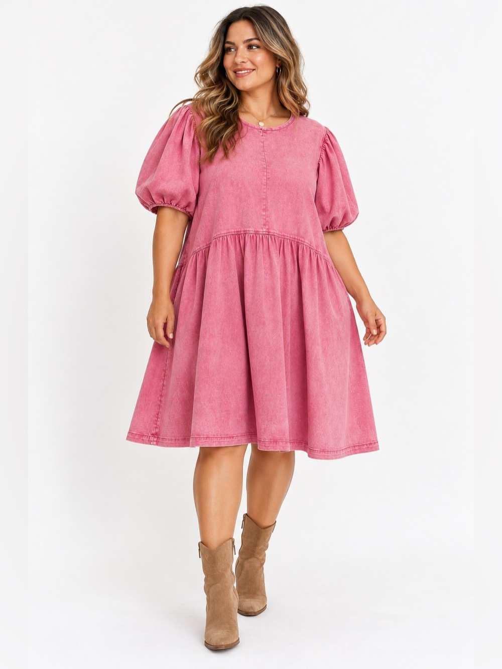 English Factory 2X Pink Acid Wash Denim Puff Sleeve Babydoll Dress